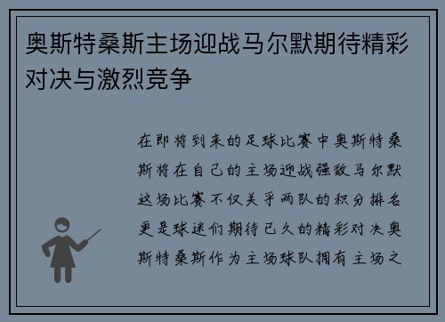 奥斯特桑斯主场迎战马尔默期待精彩对决与激烈竞争