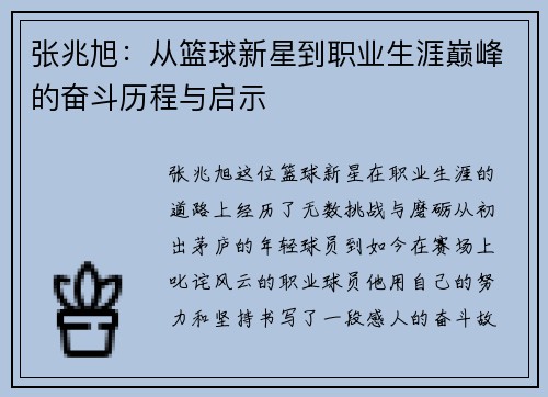 张兆旭：从篮球新星到职业生涯巅峰的奋斗历程与启示